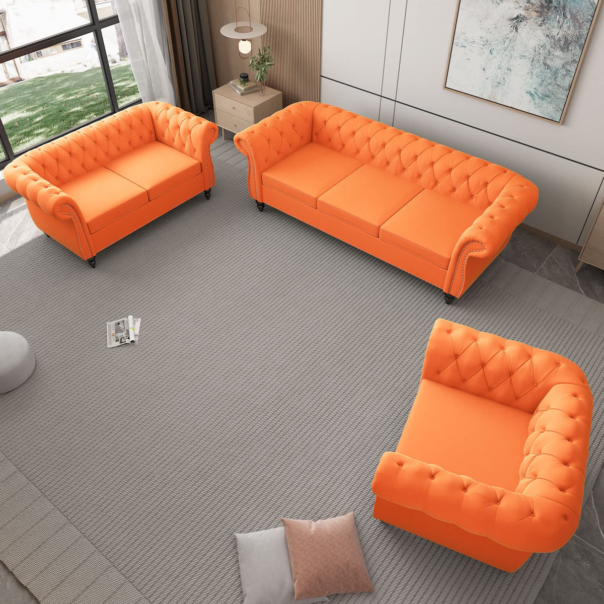 Orange Velvet Chesterfield Sofa Loveseat and Chair F872