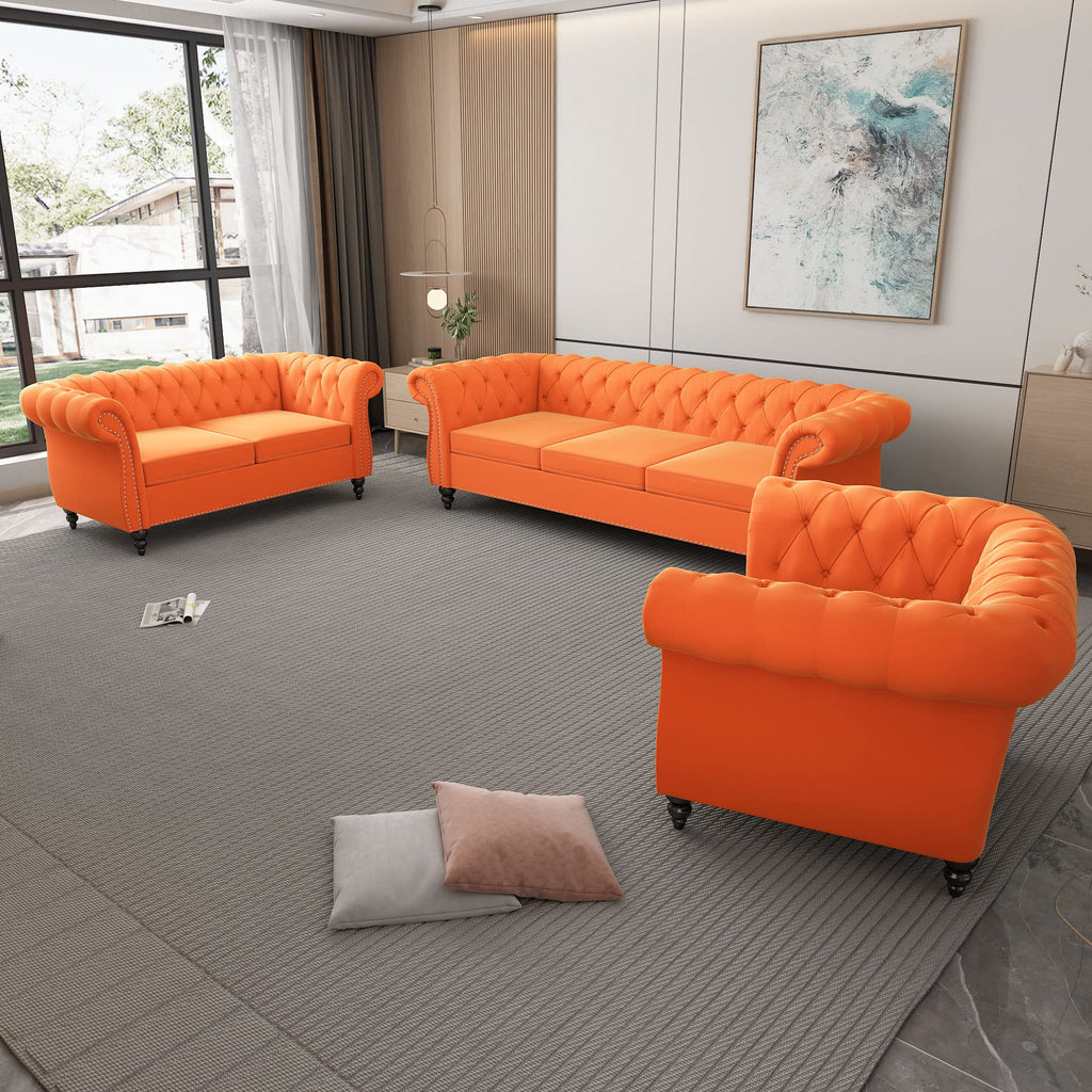 Orange Velvet Chesterfield Sofa Loveseat and Chair F872